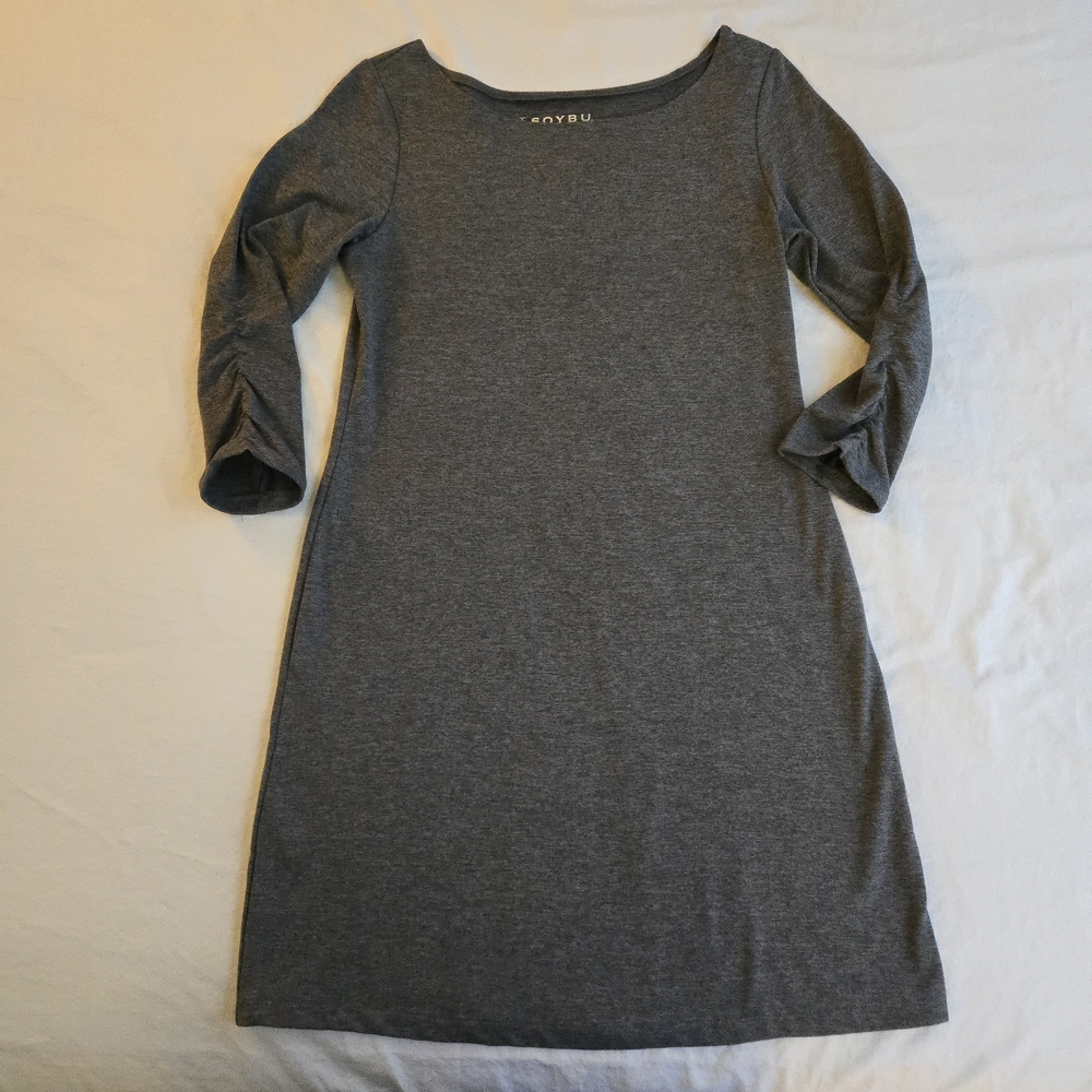 Soybu Athleisure Ruched Sleeve Wide Neck Grey Marbled Mini Tshirt Dress CW3
